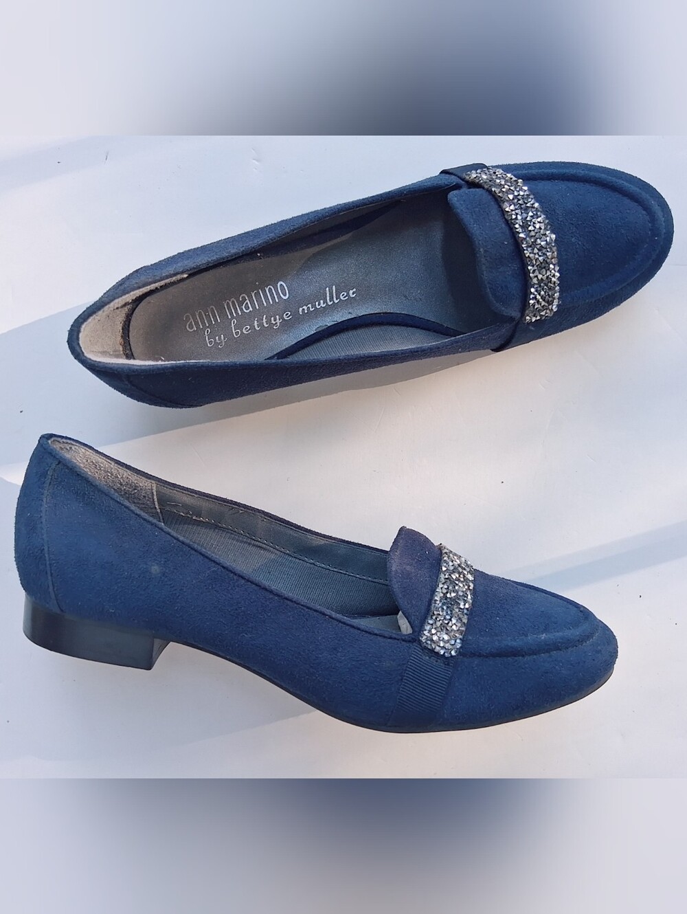 Navy Suede Loafers with Crystal Strap by ann marino